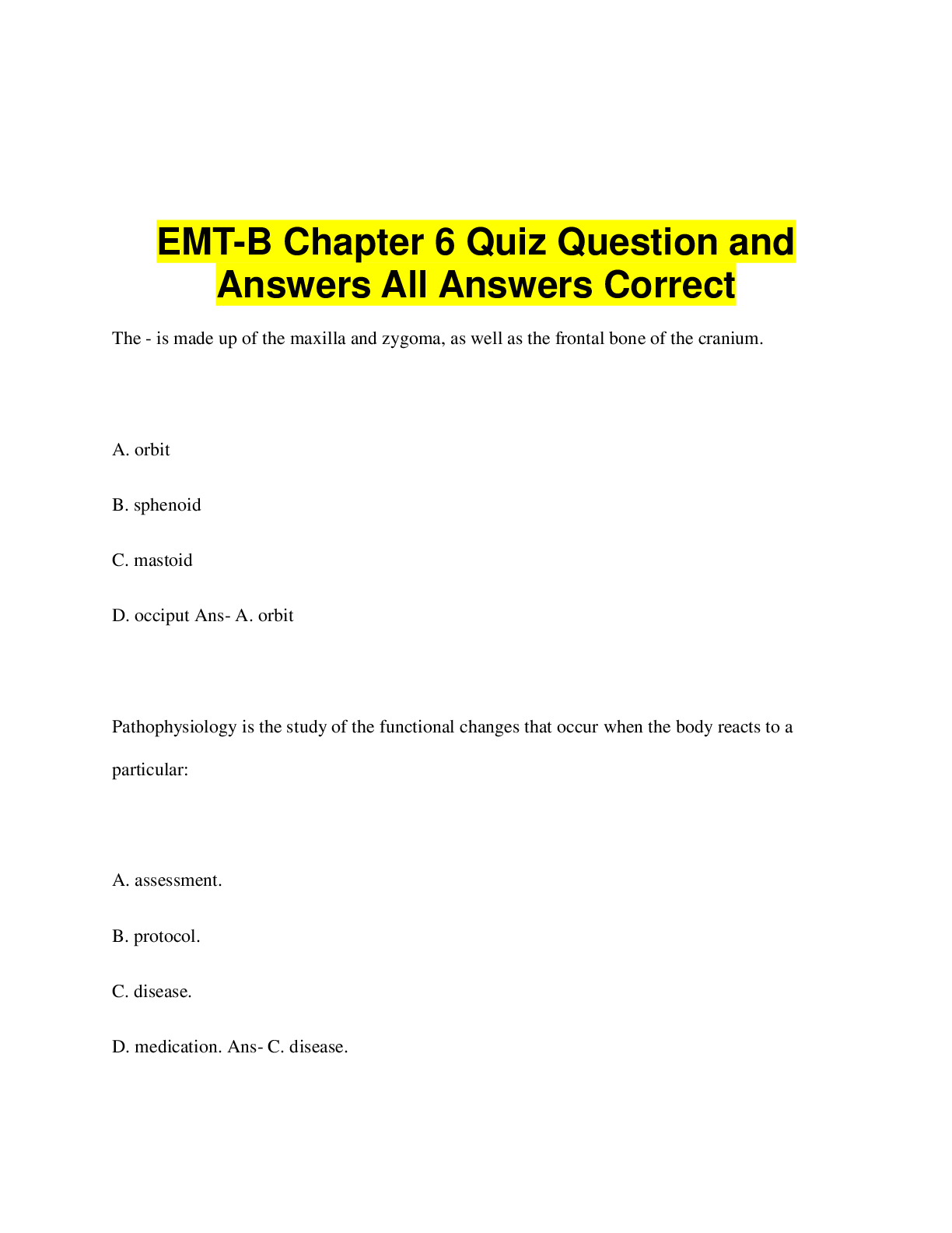 Preview image for EMT-B Chapter 6 Quiz Question and  Answers All Answers Correct